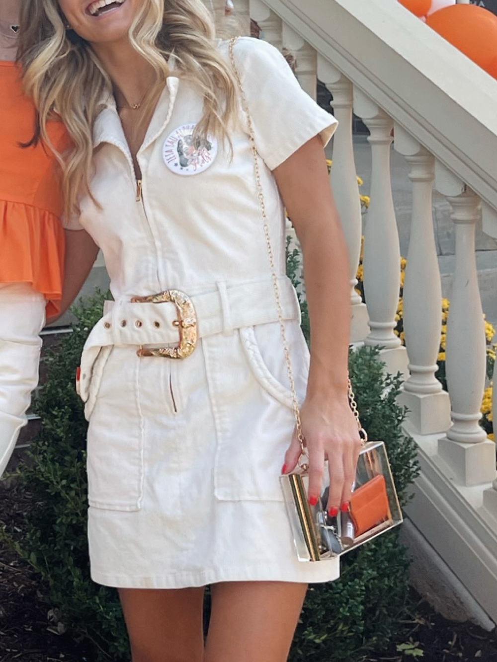 Show Me Your MuMu White Zip-Front Belted Mini Dress with Gold Accents